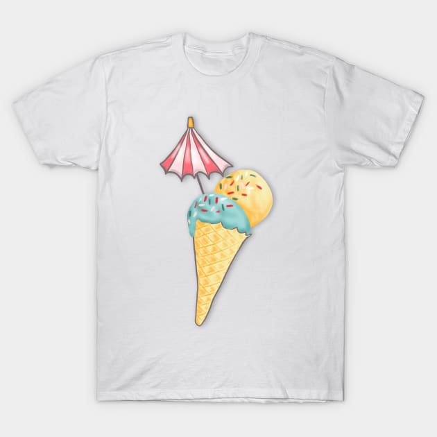 Ice cream waffles and cherries on light blue T-Shirt by colorofmagic